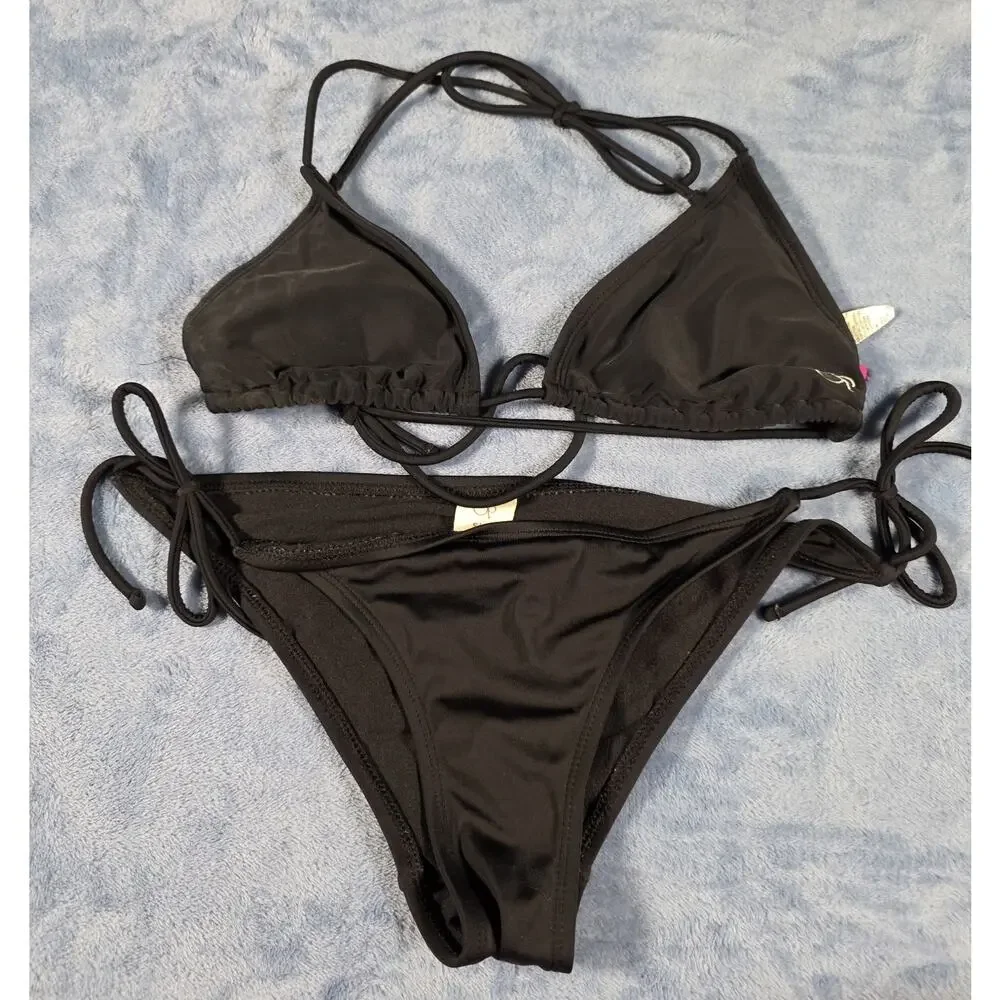 OP Ocean Pacific Black Bikini Set Size S Small (3-5) Triangle Top Tie Side...